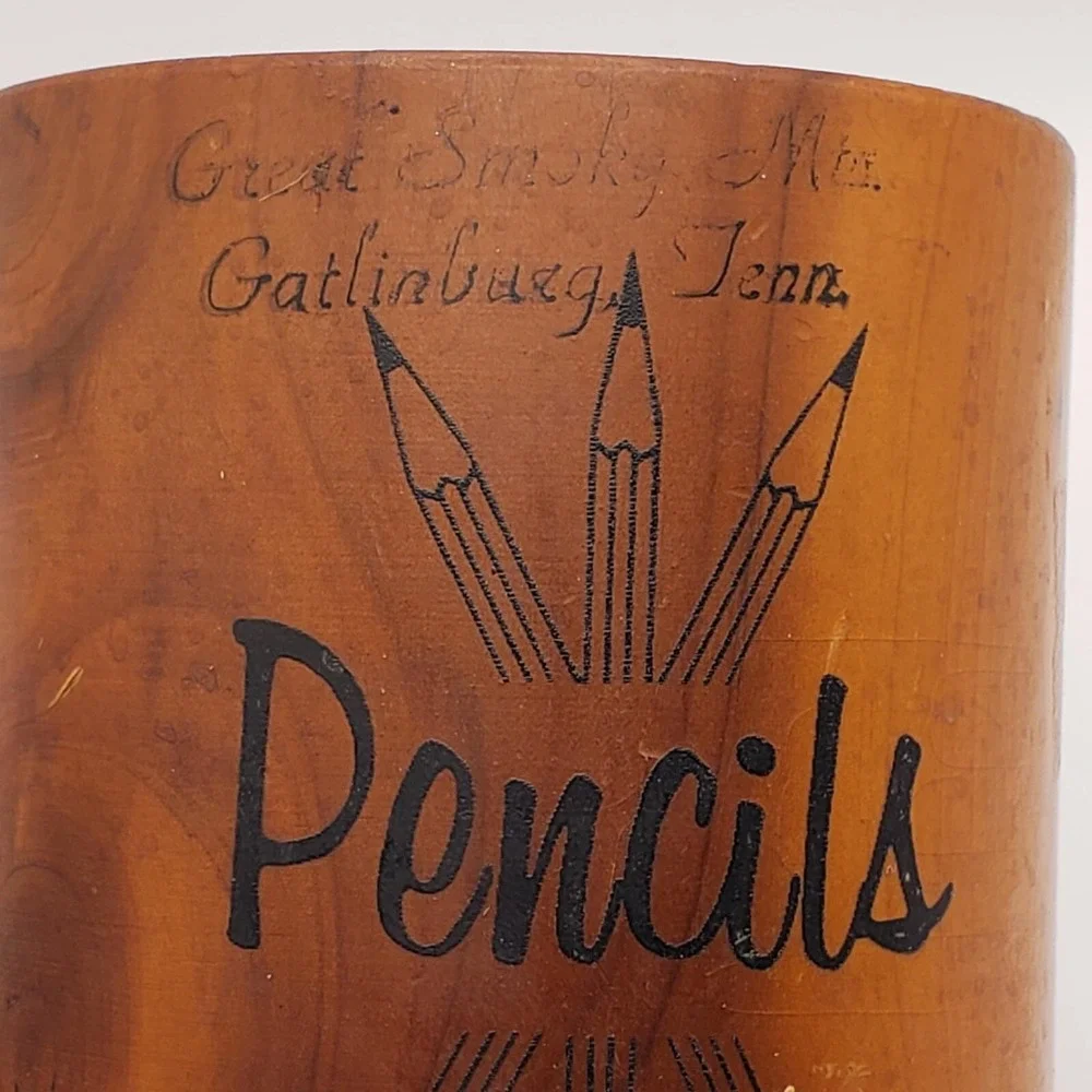 Wooden Pencil Holder Wood Cup Souvenir Great Smoky Mts Tennesse - MCM 60s/70s